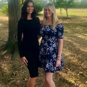 Navy floral off the shoulder dress
